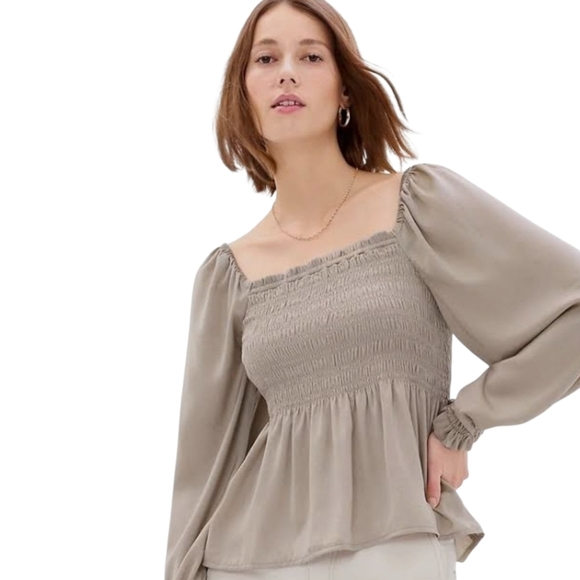 GAP Peplum Top Taupe Long Sleeve Smocked Square Neck Peasant Shirt Small - Picture 2 of 7